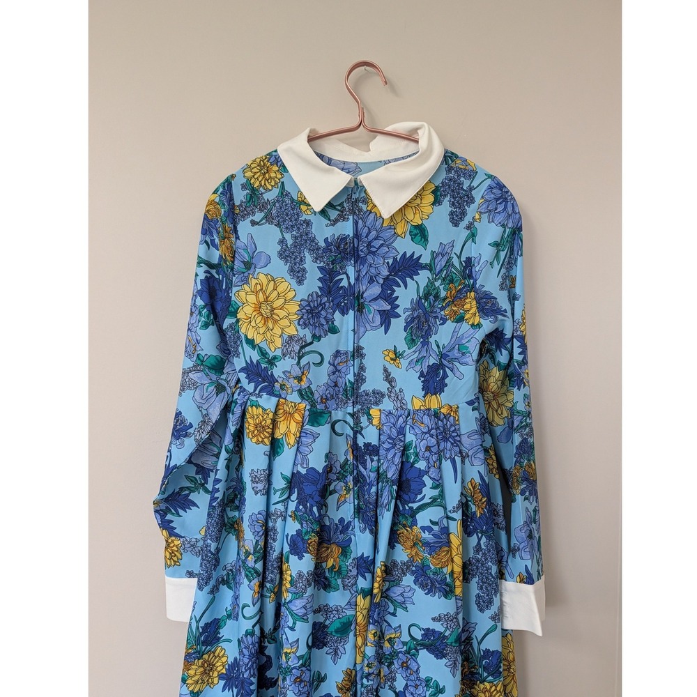 Unique Vintage Light Blue Floral Peter Pan Collar Mod Babydoll Dress 60s Small - Picture 13 of 14